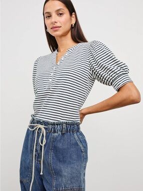 Rails Jewel Ivory & Navy Micro Striped Puff-Sleeve Top, Cotton, Large